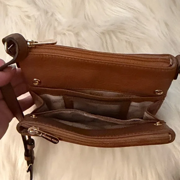 Michael Kors Cognac Leather MK Logo Crossbody Bag - Picture 11 of 13